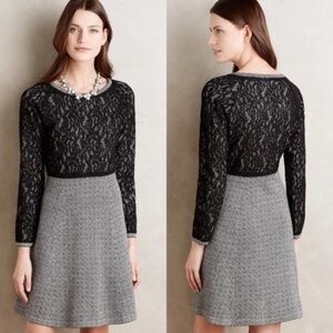 New Anthropology Sparrow Black White Print Long Sleeve Lace Sweater Dress XS